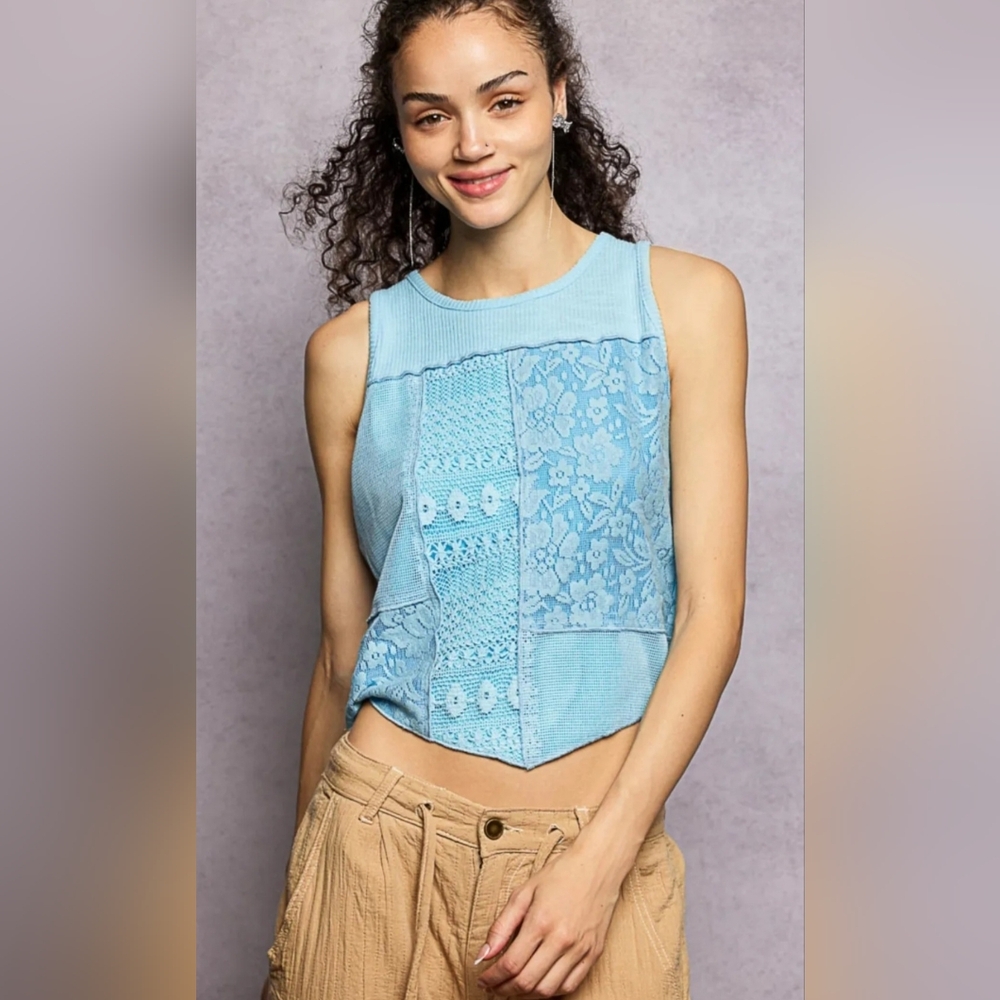 #1134 POL Blue Muse Patchwork Top